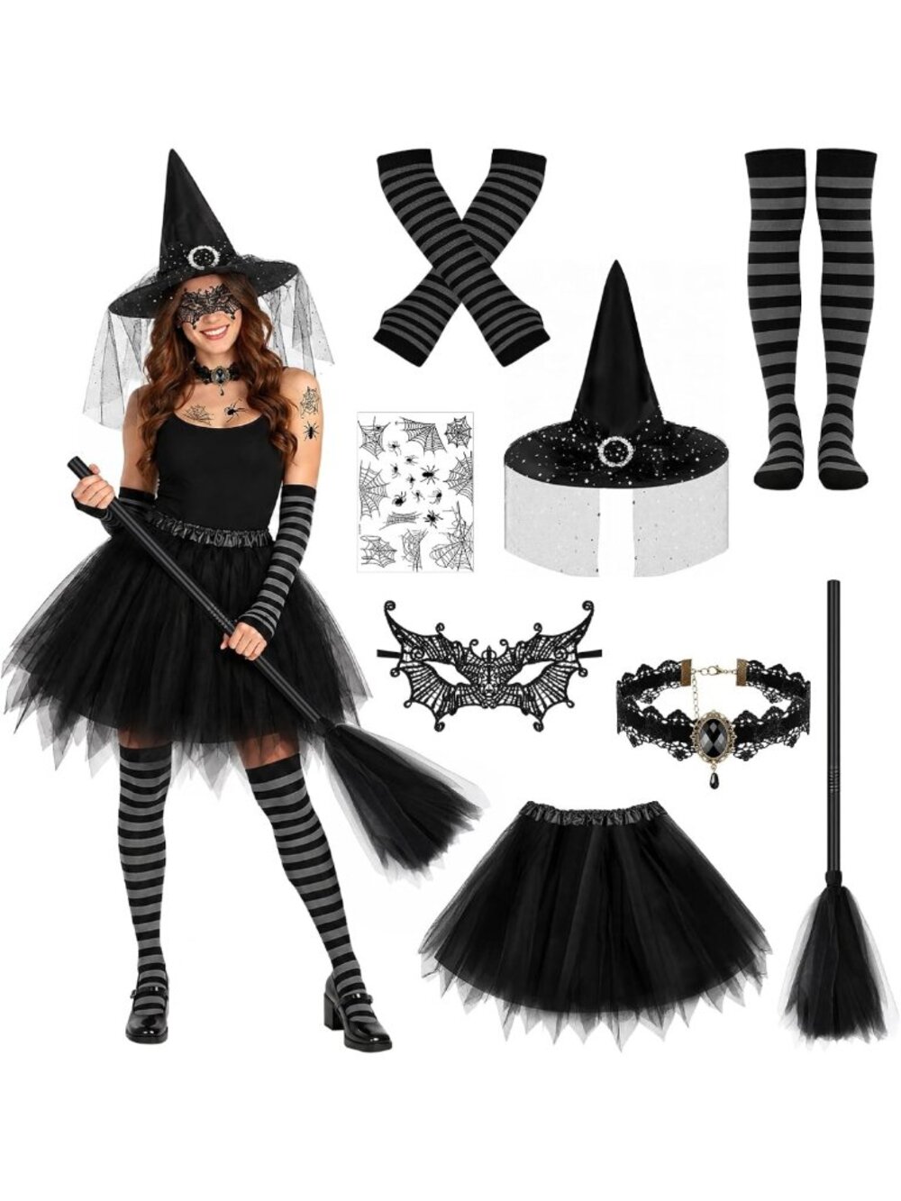 Gothic Witch Costume Set for Women - 8 PCS with Hat, Tutu, Broom & Accessories